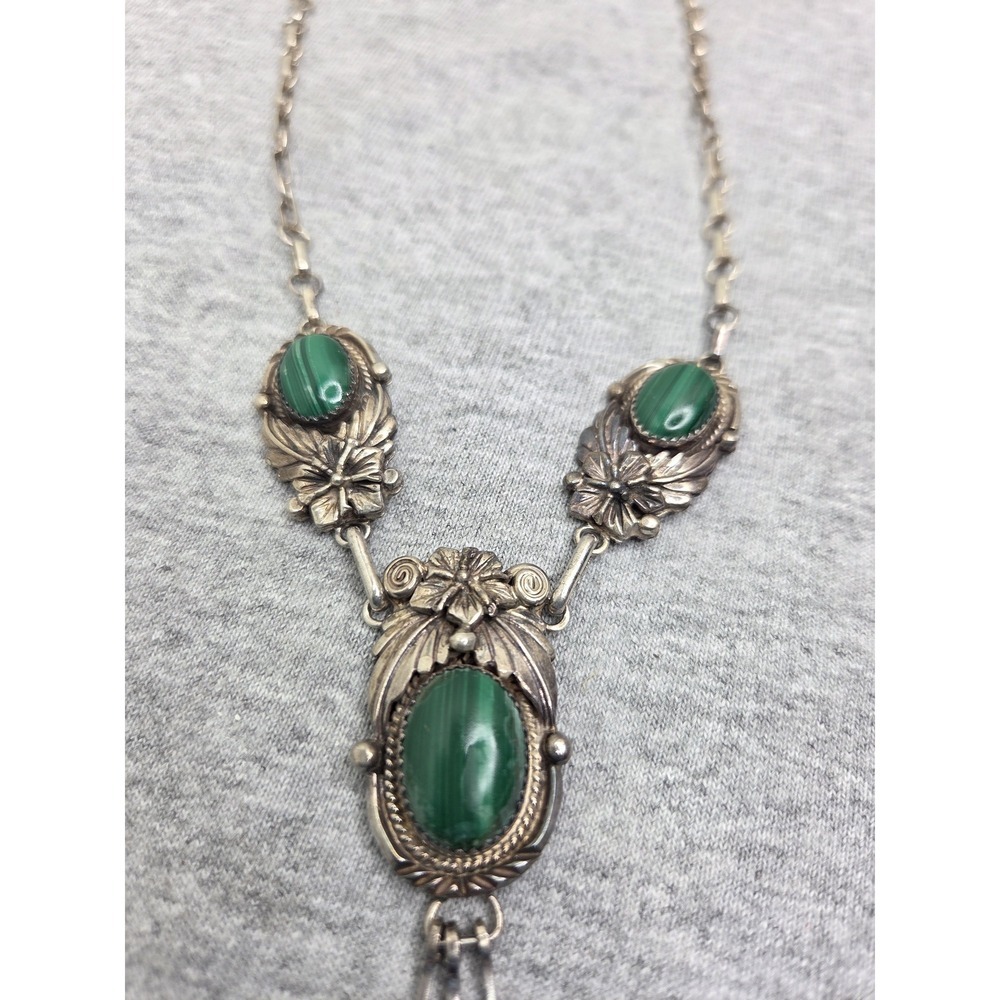 Rare Roie Jaque Navajo Signed Sterling Silver Malachite Floral Necklace OOAK - Picture 4 of 15